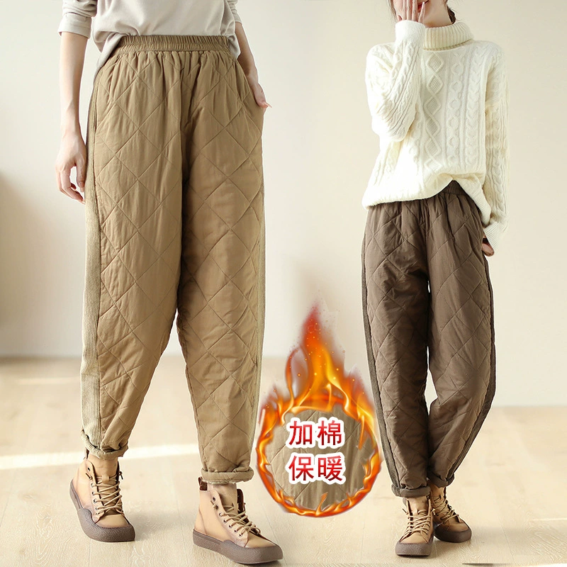 Winter solid velvet keep warm quilted trousers, elastic waist