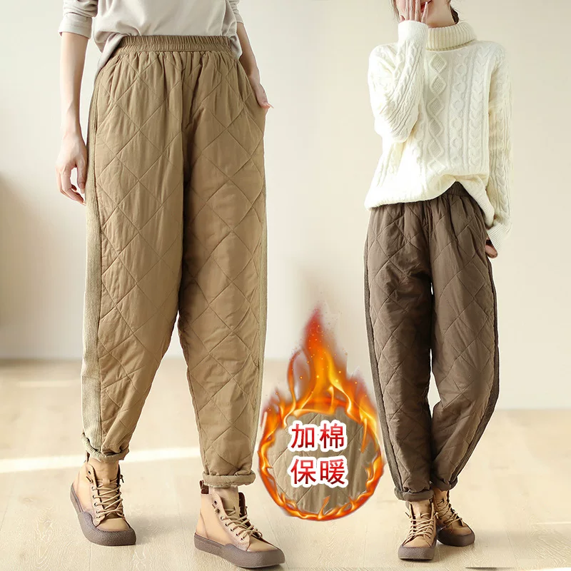 Winter solid velvet keep warm quilted trousers, elastic waist