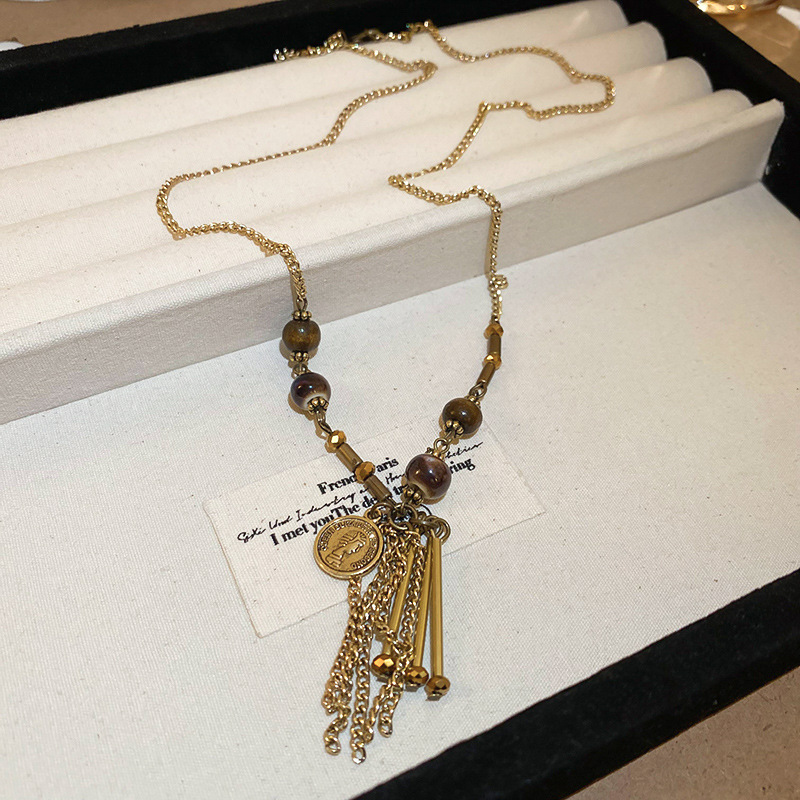 Vintage moneda antigua con flecos collar con cuentas estilo étnico retro femenino cadena de suéter largo de grava de varios elementos