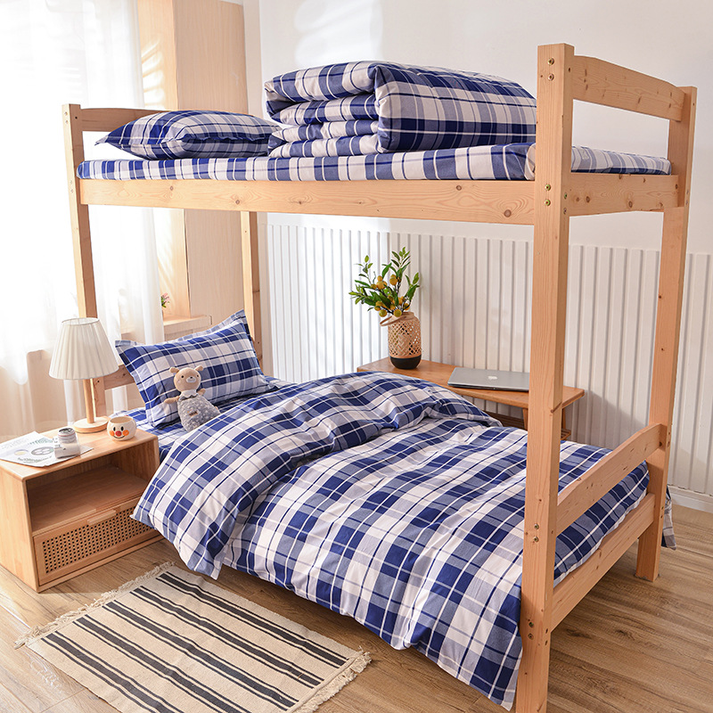 Kotak-kotak biru dan putih (katun murni 133x72) / Set tiga potong [sarung quilt 155*210, sprei 150*220, sarung bantal 48*74cm]