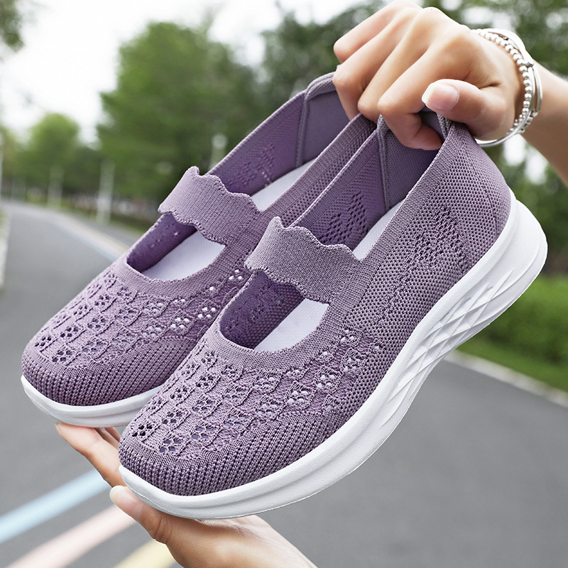 Zapatos de mujer, novedad de verano, zapatos de malla hueca tejidos con mosca, zapatos de tela de Beijing antiguos de una pierna, zapatos de mamá de moda, venta al por mayor transfronteriza