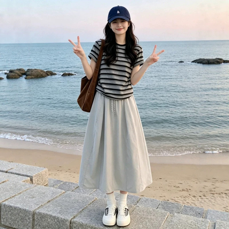 Dress for Women 2026 Summer New Style Casual Work Clothing Striped Knitwear T-Shirt A-Line Long Skirt Two-Piece Set Dress for Women 2026 Summer New Style Casual Work Clothing Striped Knitwear T-Shirt A-Line Long Skirt Two-Piece Set