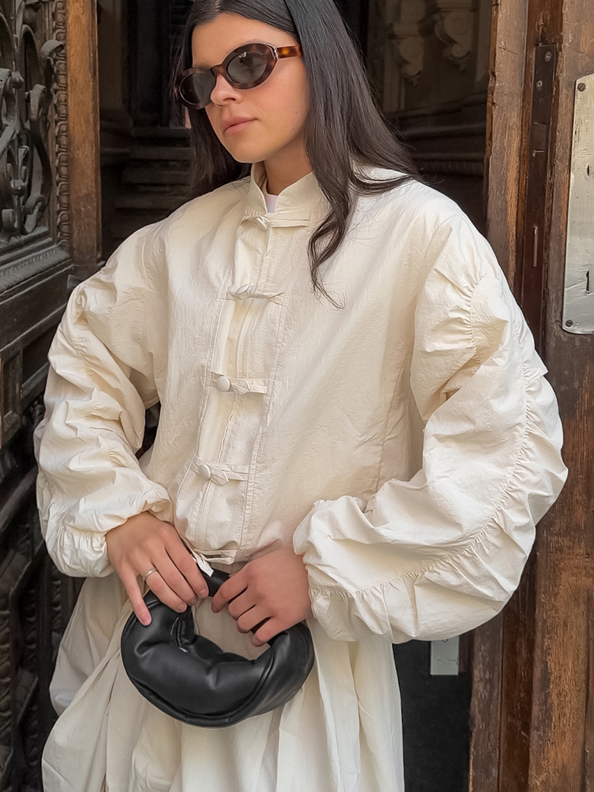 Cross-Border European and American Design-Inspired Pleated Jacket 2026 Spring/Summer New Style New Chinese-Style Buttoned Stand Collar National Style Top