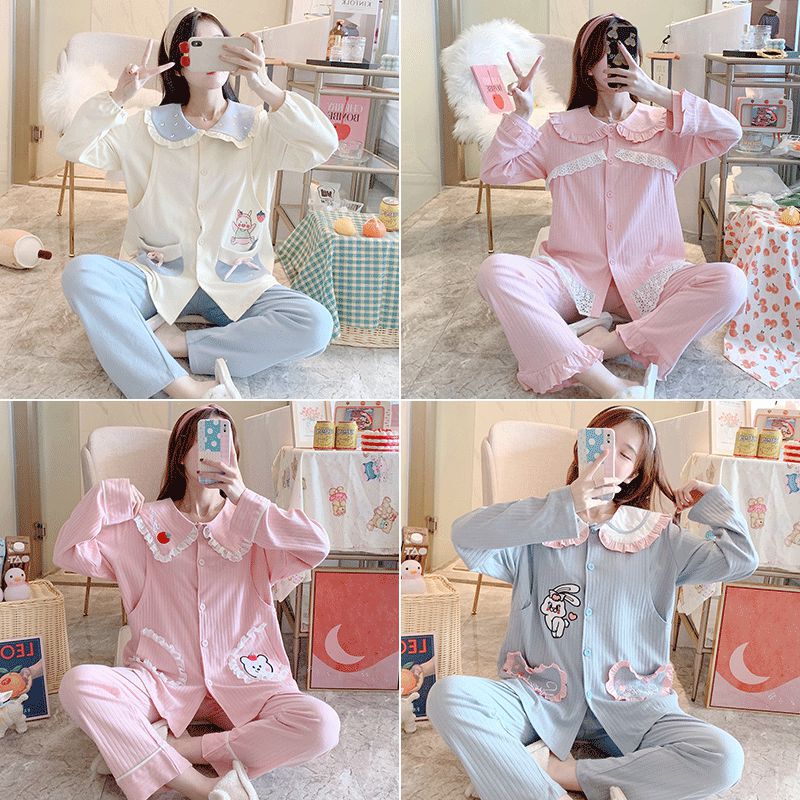 New Spring and Autumn Pregnant Women's Pajamas Pure Cotton Monthly Clothes Postpartum Cardigan Breastfeeding Home Clothes Maternal Breastfeeding Large Size Set