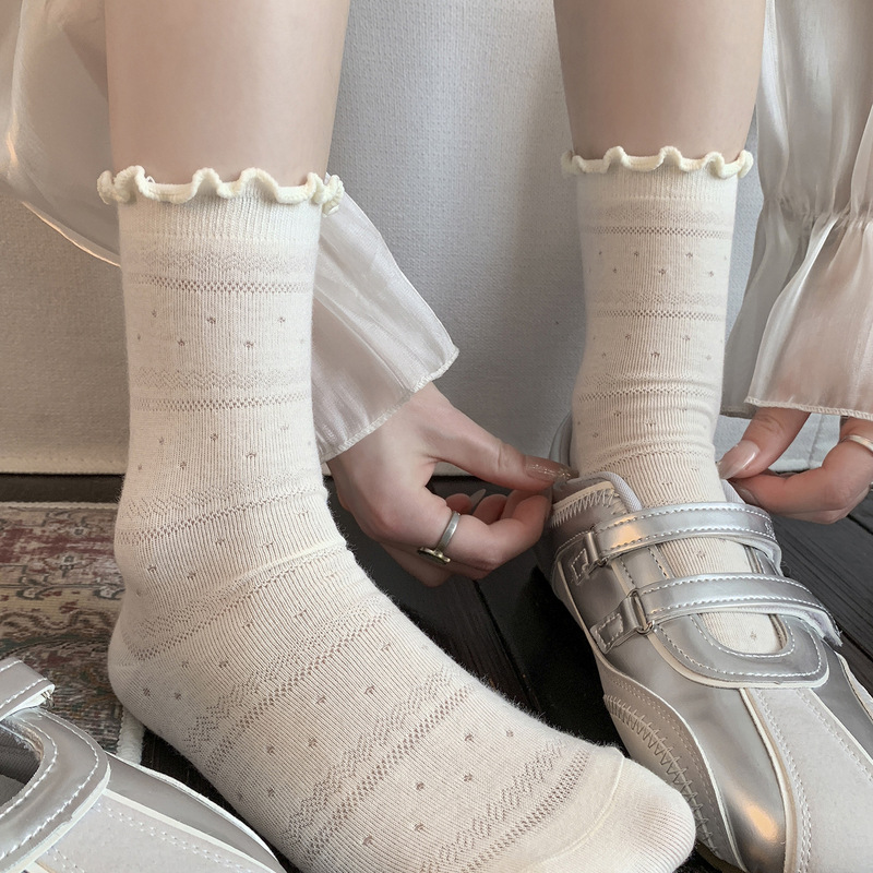 Ballet-Style Hollow Mesh Socks with Ruffled Edges Paired with Mary Jane Shoes, Summer Thin White Slouch Socks for Women Ballet-Style Hollow Mesh Socks with Ruffled Edges Paired with Mary Jane Shoes, Summer Thin White Slouch Socks for Women