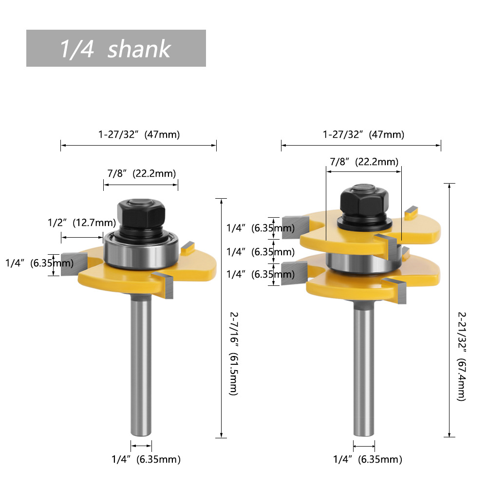 1/4 inch 3 teeth T-shaped tenon knife floor square tooth splicing knife woodworking milling cutter tungsten steel alloy carving knife yellow paint