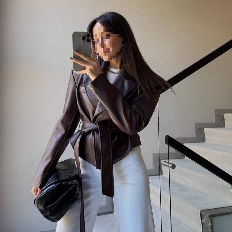 欧美跨境独立站外贸秋冬新款女装帅气潮流机车酷绑带气质皮衣外套|undefined