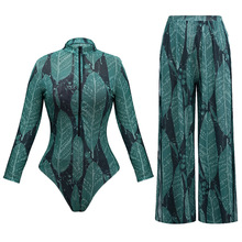 UPF35+长袖防晒泳衣女高弹加厚网纱宽松长裤欧美跨境泳装健身连体