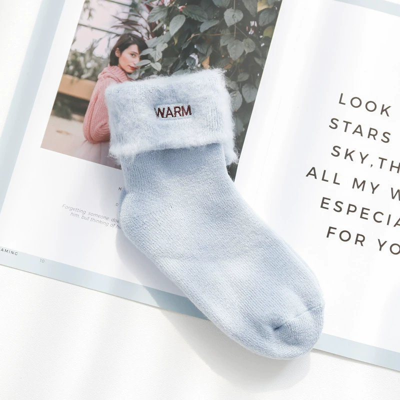 Warm knee socks with plush fur cuff and embroidery, mid-length, assorted colors