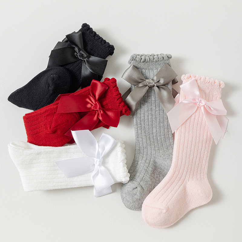 Abbigliamento per bambini Calzini per bambini Calzini lunghi stile primavera e autunno Calzini per neonati Calzini in cotone per bambine con fiocco in stile principessa_voghion.com