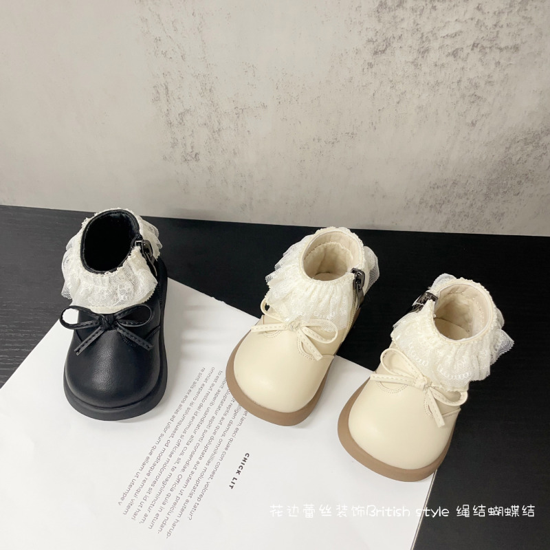 蕾丝花边绳结蝴蝶结装饰女童小香风百搭时装靴2025年冬款小皮靴批|undefined