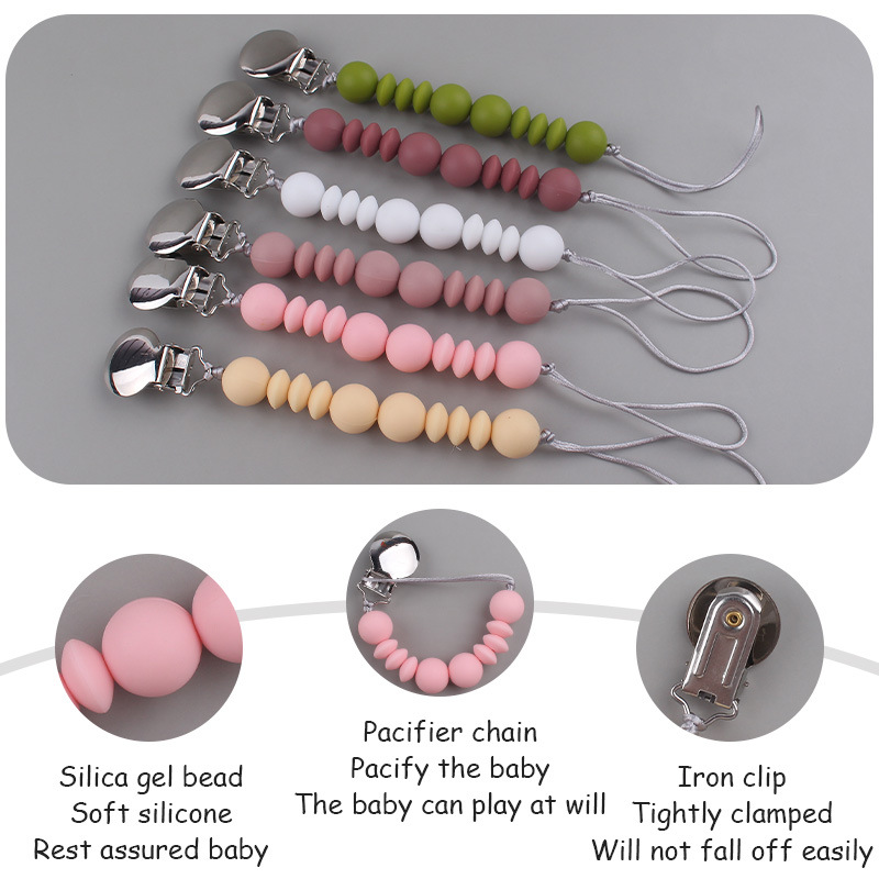Nuevo bebé suministros chupete clip calmante bebé silicona espaciador perlas mordedura molar juguete anti-gota cadena