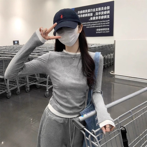 2025 Random Cut Korean Style Color Clash Round Neck Pleated Long Sleeve T-Shirt for Women - Early Autumn New Arrival Slimming and Body-Concealing Base Layer Top