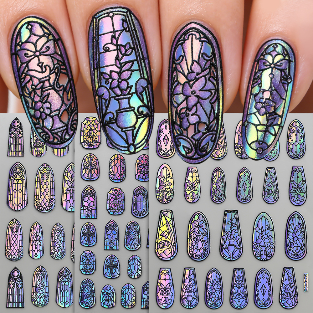 Cross-Border Hot-Selling Rococo Floral Window Shell Retro Colorful Stickers Embossed Adhesive Church Window Flower Nail Art Stickers