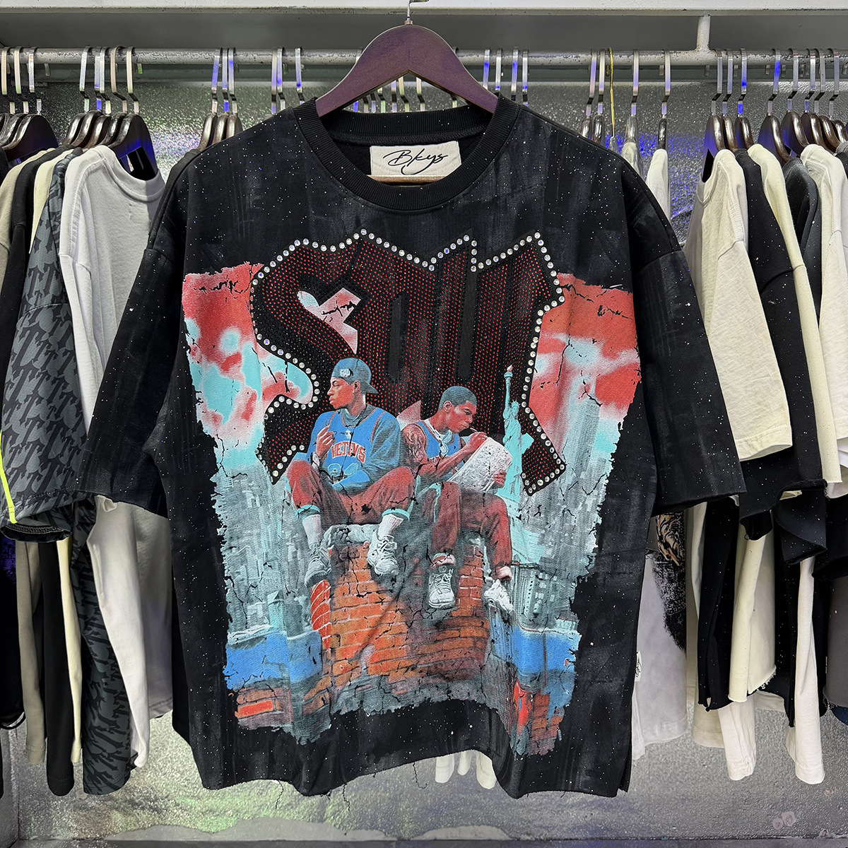 Transfronterizo nueva venta en caliente BKS camiseta de manga corta extraña esqueleto retro lavado de agua caliente perforación en caliente para hombres y mujeres de moda en stock lotes