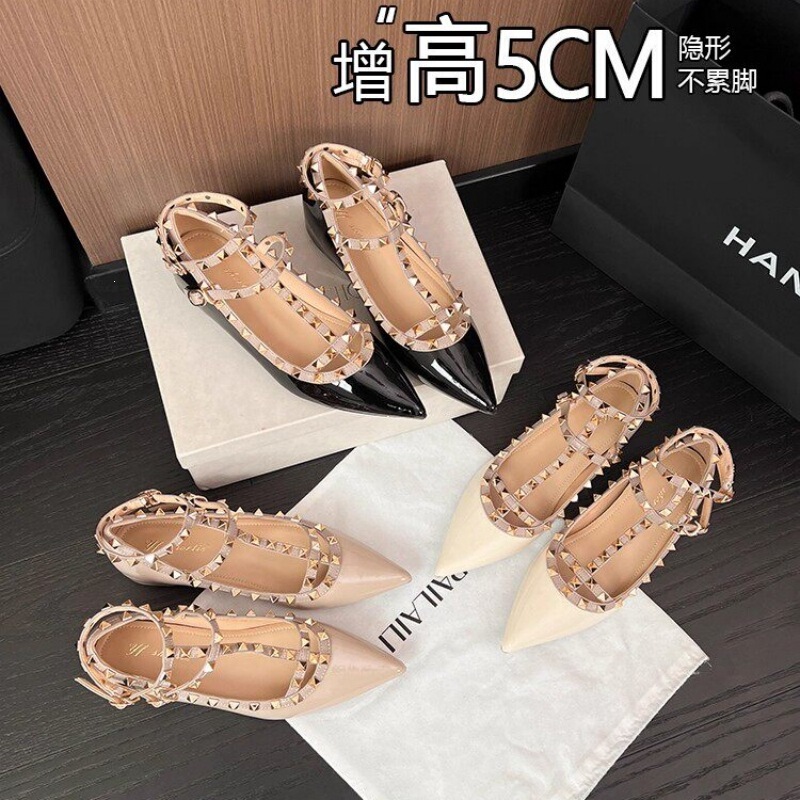 Sheepskin Version 2026 New Style Rivet Pointed Toe Hidden Heel Sandals for Women, European and American Style Shallow Strap Genuine Leather Studded Shoes