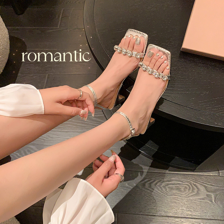 Sandal nữ quai ngang mũi vuông gót vuông đính đá rhinestone mùa hè 2025 — Màu đen, Màu trắng, Màu bạc chi tiết 17
