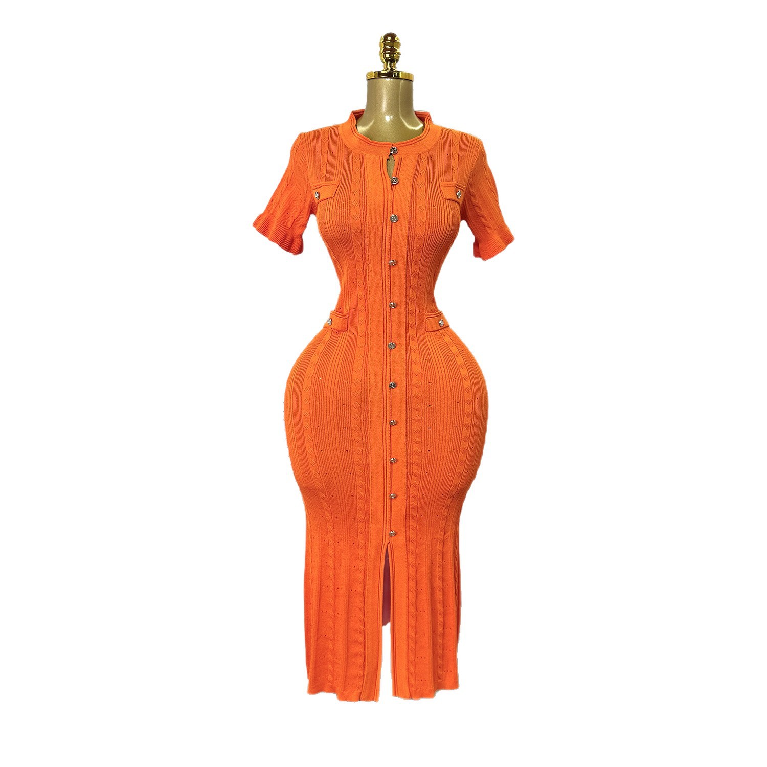 Women's European American Style Knitted Dress Simple Elegant Summer Single-Breasted Hollow out Slim Fit Temperament Long Dress_ecoleips.com