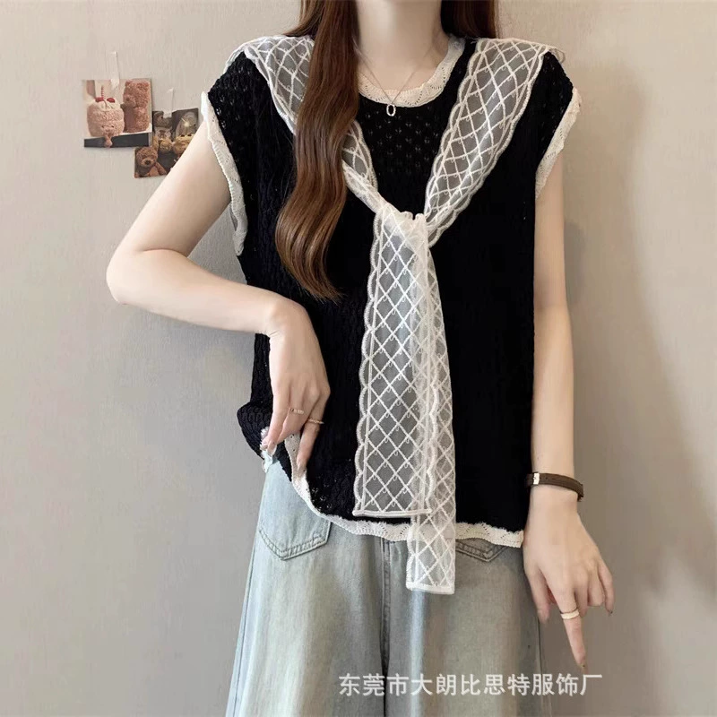Lace yellow cloak, summer knitted design sweater, with short sleeve, trend of season