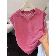 洋气高级感粉色polo翻领针织衫女2025夏季新款薄款时尚小飞袖上衣