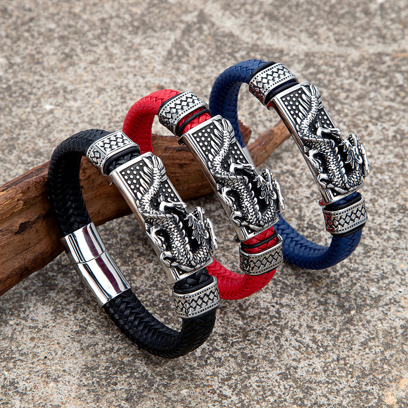 Retro Dragon Totem Braided Leather Bracelet Multicolor Men's Trendy Cool Personalized Bracelet New Wholesale Cross-Border Jewelry Retro Dragon Totem Braided Leather Bracelet Multicolor Men's Trendy Cool Personalized Bracelet New Wholesale Cross-Border Jewelry