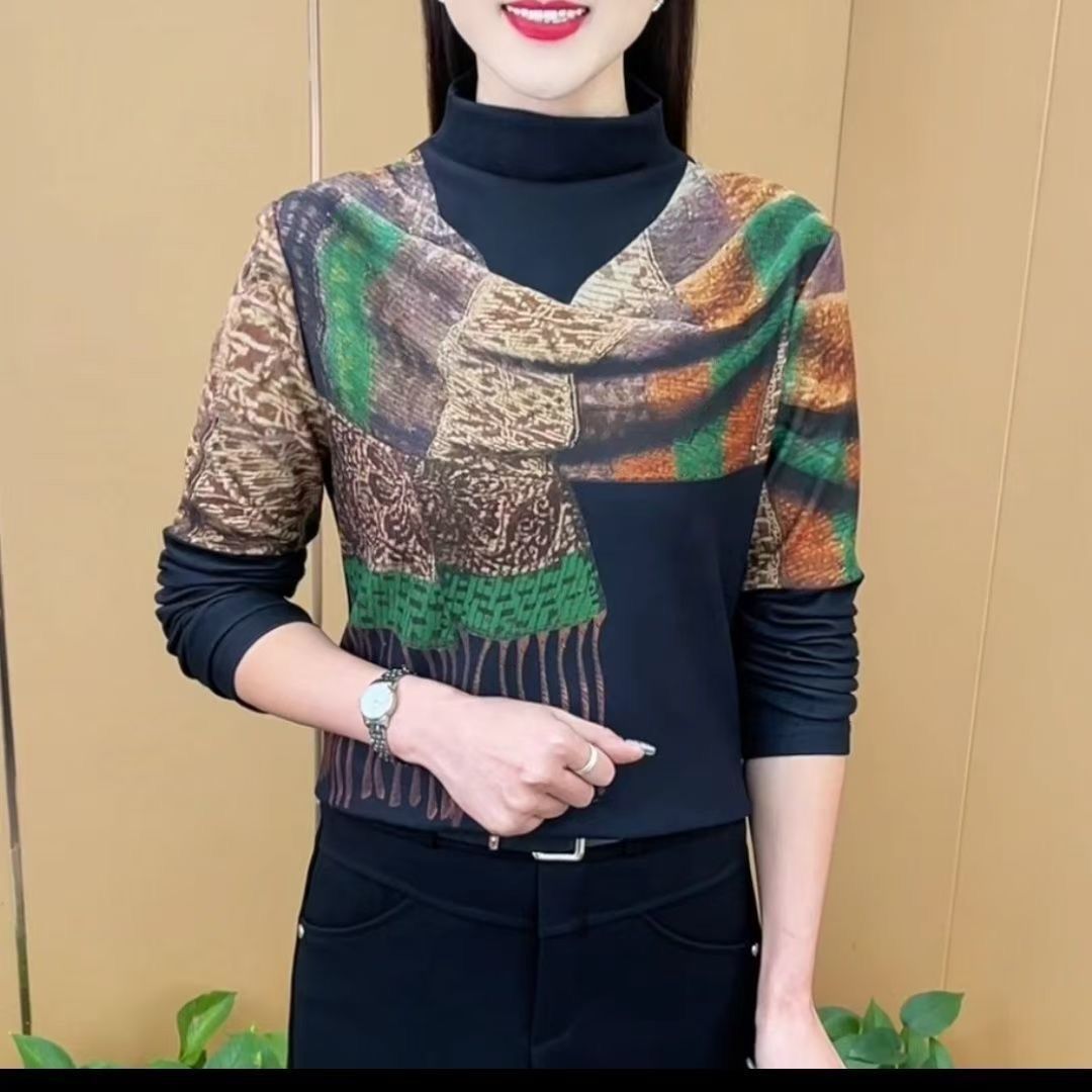 2025年秋冬双面德绒设计感印花中老年半高领有弹力显瘦遮肚子上衣