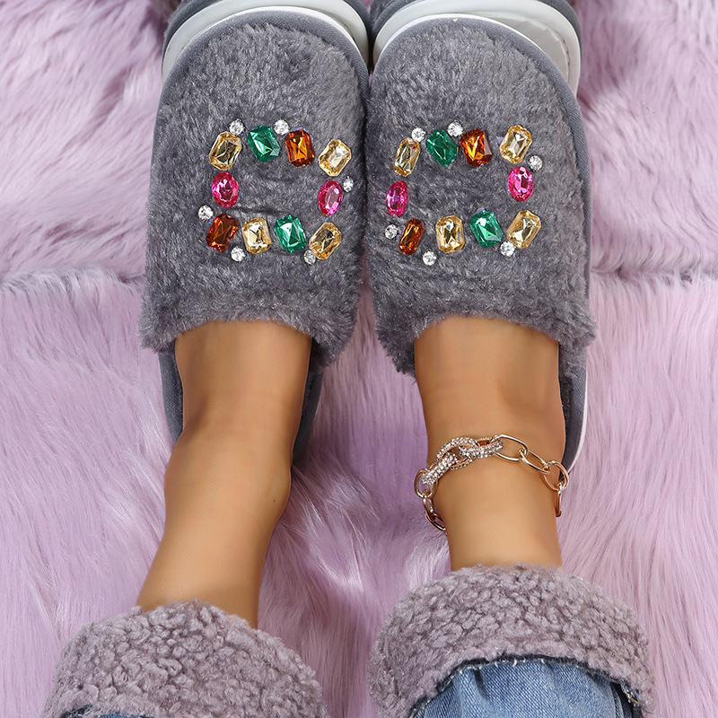 Colored Furry Rhinestone Flat Bottom Slippers NSKJX104248