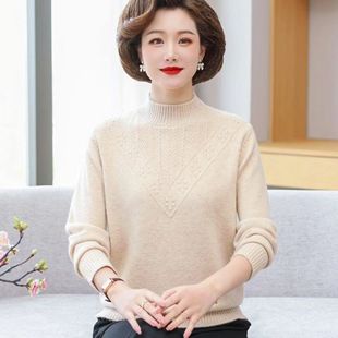 New Mom Autumn Long-sleeved Knitted Sweater Western-style Half-high Collar Top Middle-aged and Old Women's Autumn and Winter Thick Sweater Base Shirt