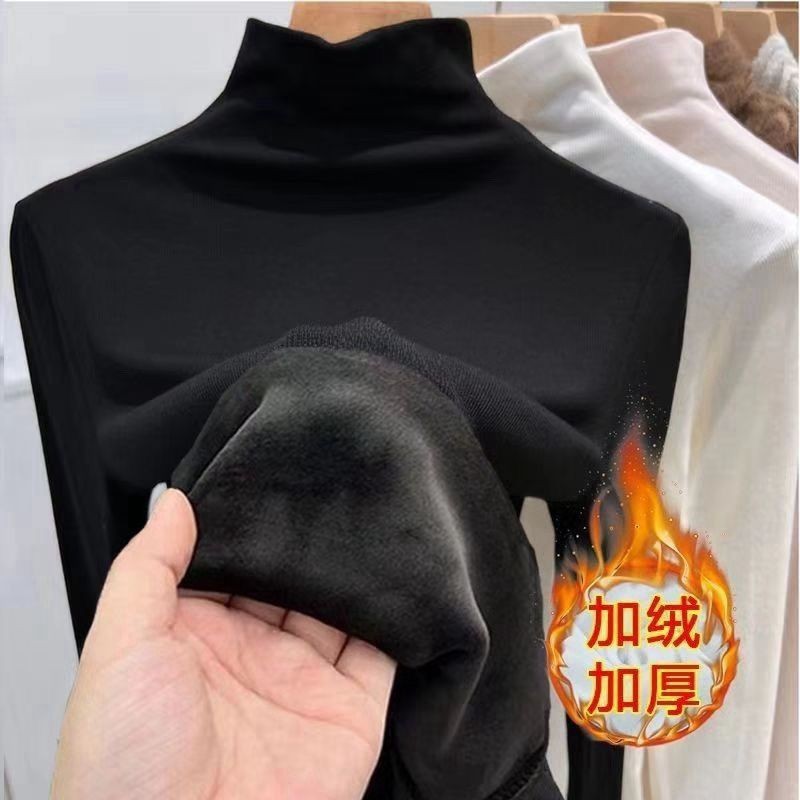 2025 New Autumn and Winter Style Slim Fit Warm Short-Sleeve and Long-Sleeve Tops with Fleece Lining and Thickened Half-High Collar