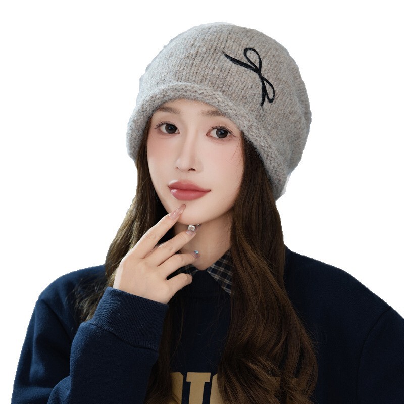 帽子女秋冬毛线帽韩版新款甜美可爱蝴蝶结冷帽百搭护耳保暖针织帽|undefined