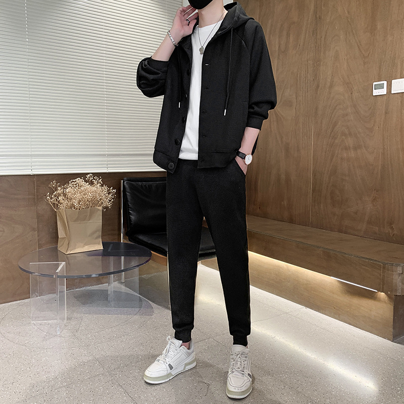 Primavera y otoño traje casual para hombres primavera nueva marca de moda waffle cardigan hombre guapo ropa deportiva para hombres un conjunto