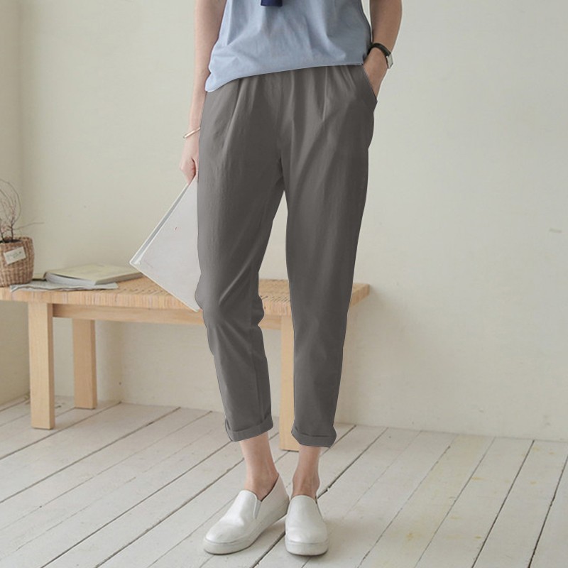 Women's High-Waisted Harem Pants 2026 Spring/Summer Casual Elastic Waist Cotton Linen Cropped Trousers Versatile Fashion_ecoleips.com