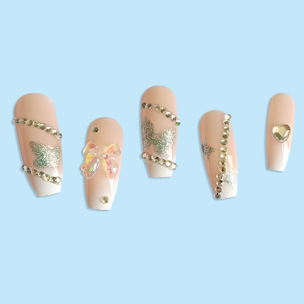 Desnudo perforación gradiente arco manicure polvo brillante mariposa amor cadena de perforación para usar uñas 24 piezas de parche de uñas
