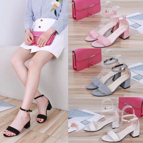  spring new style simple high-heeled sandals with thick heel casual fashionable women's shoes with word strap round head sexy sandals