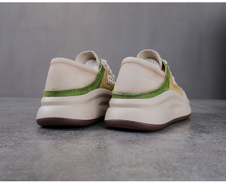 Giày sneaker nữ da bò lỗ thoáng khí dây buộc mũi tròn phong cách cổ điển — xanh lá cây chi tiết 15