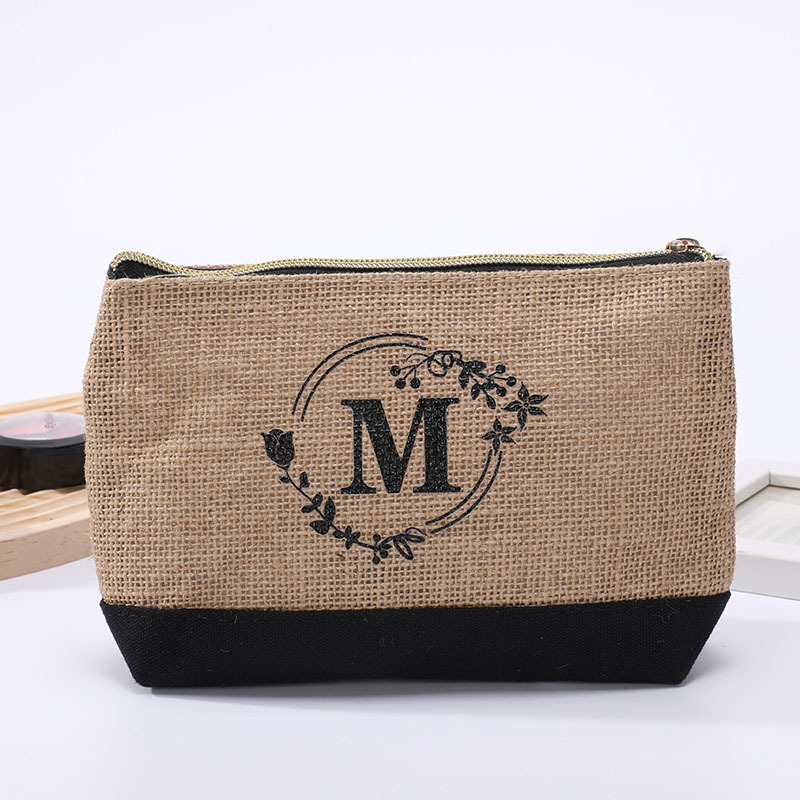 Portable jute zipper coin purse, letter printed makeup storage toiletry bag, key bag_voghion.com