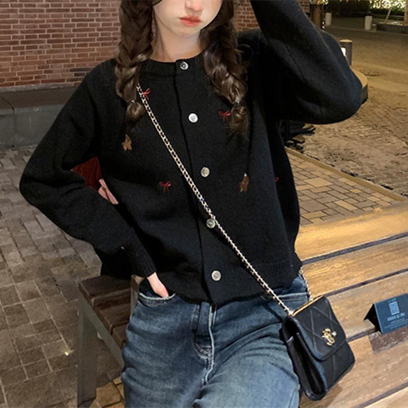 时尚温柔蝴蝶结甜美圆领毛衣外套女韩版设计感百搭小狗刺绣针织衫|undefined