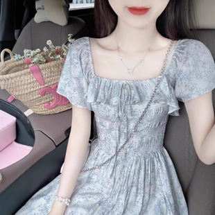 French Square Neck Floral Nursing Dress Summer Short-Sleeved Waist-Feeling Long Skirt
