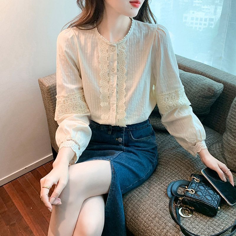 气质长袖蕾丝衫衬衫女2025春秋装新款韩版甜妹宽松衬衣洋气小众上|undefined