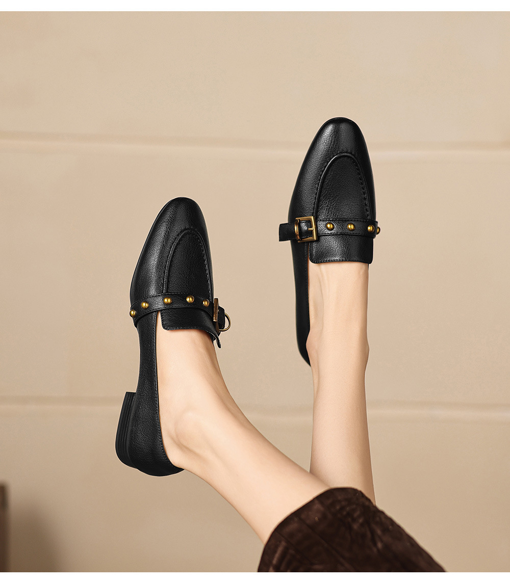 Giày da cừu loafer nữ mũi tròn gót thấp đinh tán — đen chi tiết 17