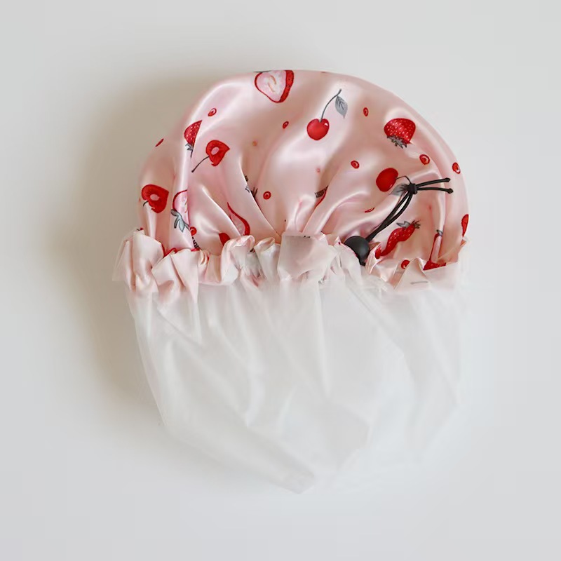 Cross-Border Adjustable Double-Layer Shower Cap for Women, Waterproof Satin Cartoon Shower Cap, Makeup Cap, Sleep Cap, Shower Cap, Hair Care Processing
