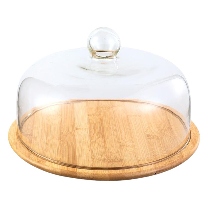Creativa transparente a prueba de polvo cubierta de vidrio cubierta de comida Placa de pastel mesa de postre cubierta de vidrio con bandeja de Bambú