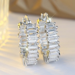 Full Diamond Rectangular White Diamond Sparkling Earrings for Women, Fashionable Super Flash Single Row Light Luxury Personality European and American Versatile Earrings