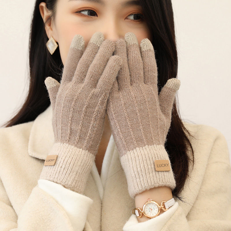 Guantes de pantalla táctil de invierno femenino Lindo estilo coreano forrado de lana de punto grueso de cinco dedos montando invierno cálido estudiante a prueba de frío