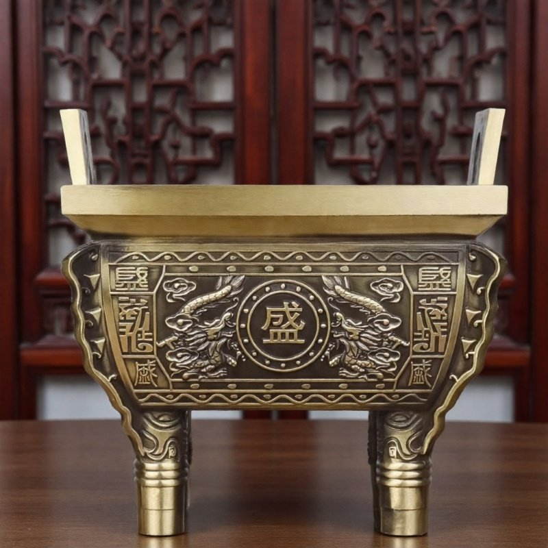 特大号双龙盛鼎摆件 铜鼎 四方鼎 全铜四足鼎 黄铜香炉鼎炉