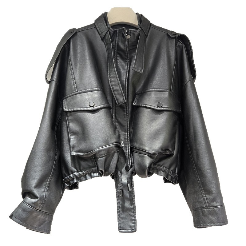 Chaqueta de Piel Sintética con Cuello Alto para Mujer de Cuero Sintético PU para Otoño