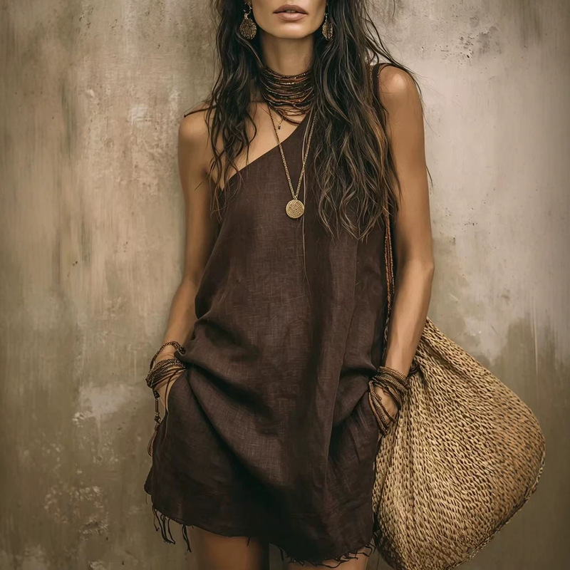 2026 Retro New Style Sleeveless One-Shoulder Solid Color Bohemian Style Short Dress with Tassels 2026 Retro New Style Sleeveless One-Shoulder Solid Color Bohemian Style Short Dress with Tassels