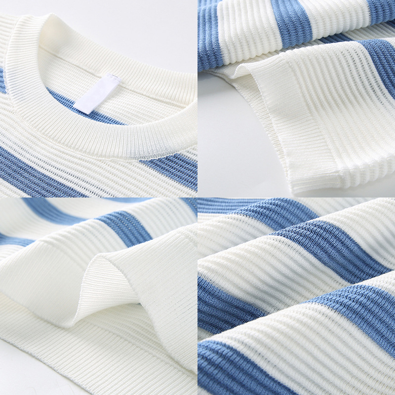 Camiseta de punto a rayas de cuello redondo de manga corta para hombres de color antiguo estilo de negocios de seda de hielo al por mayor fábrica transfronteriza