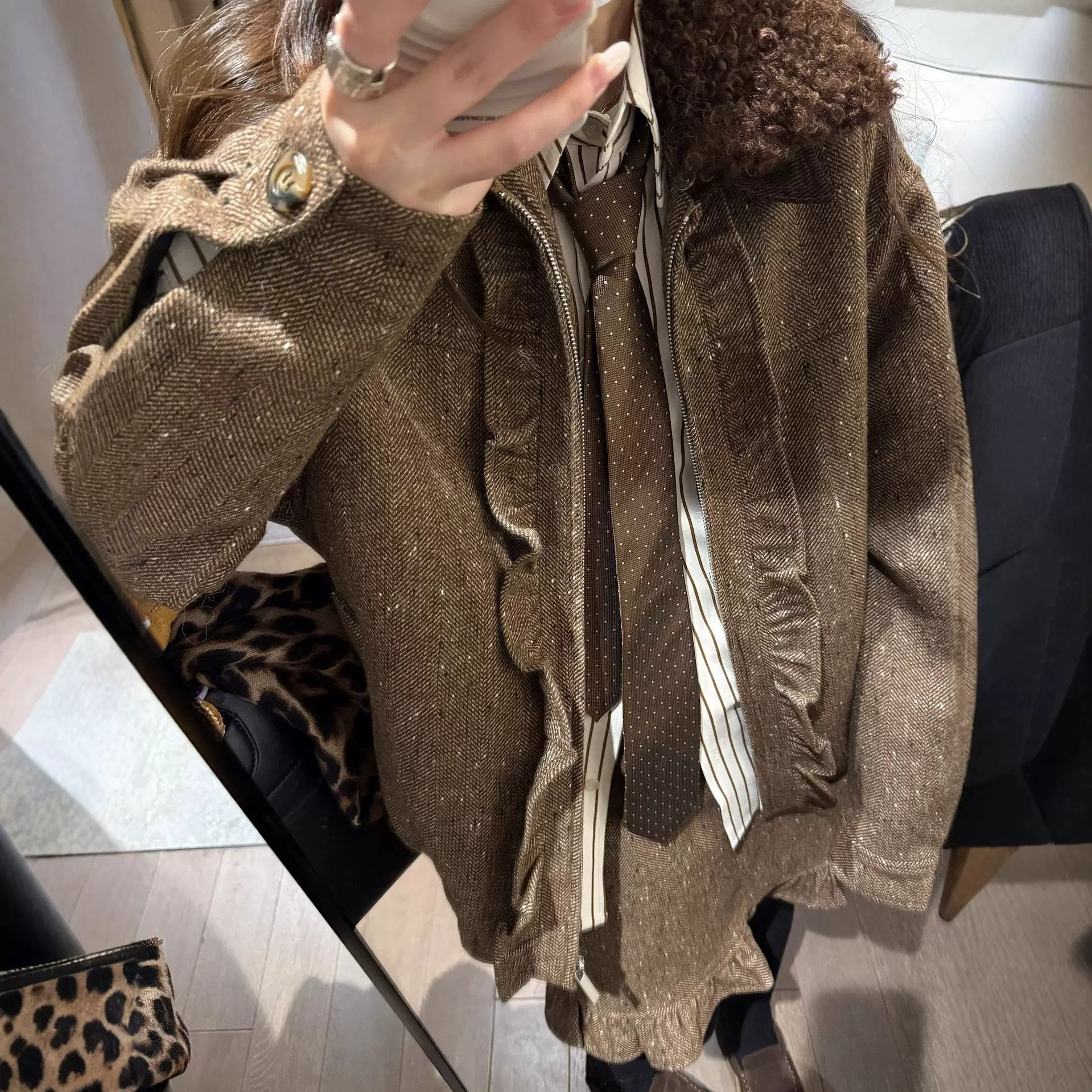 韩系休闲复古精仿羊卷毛可拆卸毛领杂点羊毛呢加棉夹克外套棉服