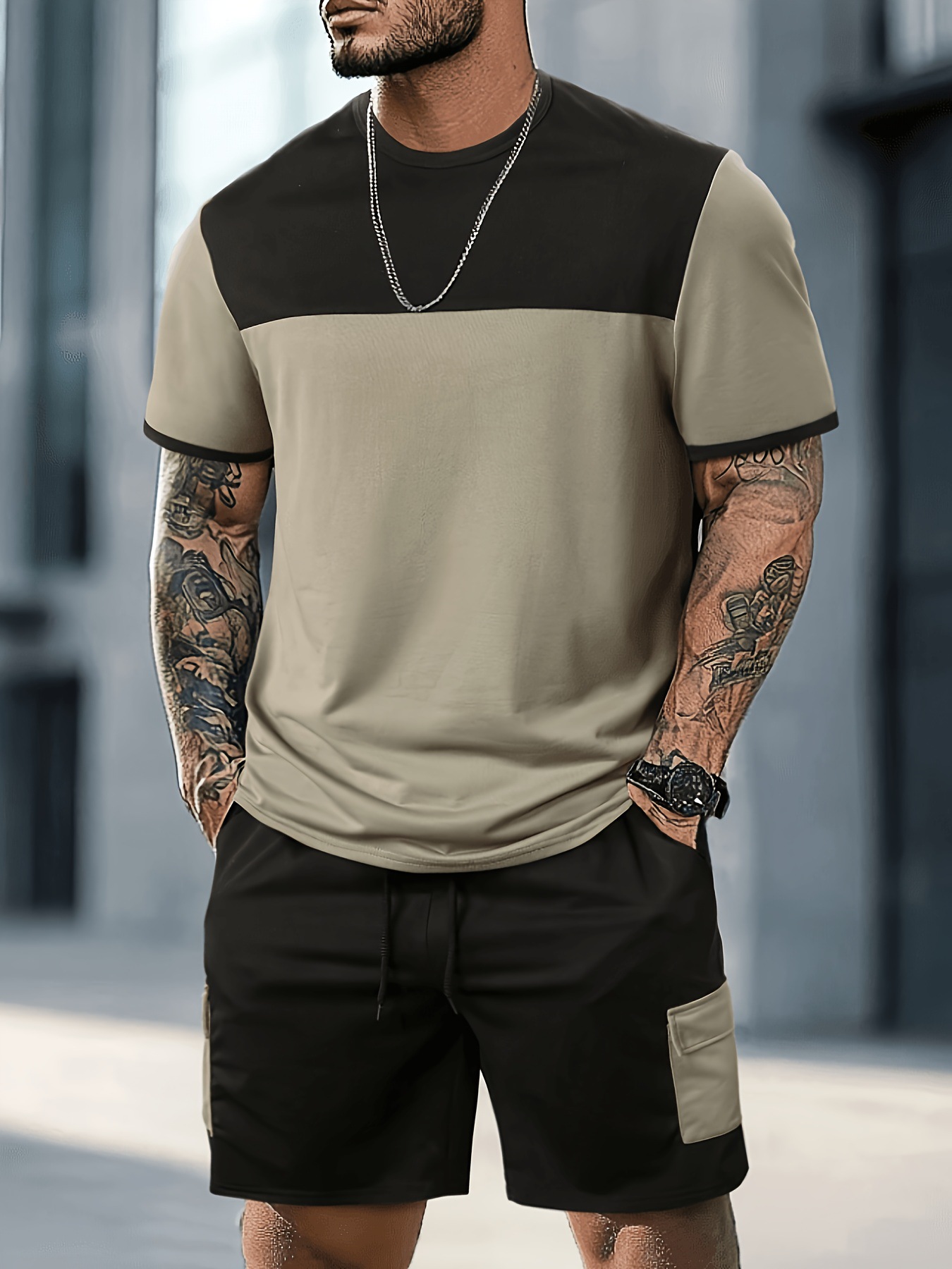 Men's Color Block Sports Suit American Style Casual Set Summer Short Sleeve Shorts For Men_viptrois.com